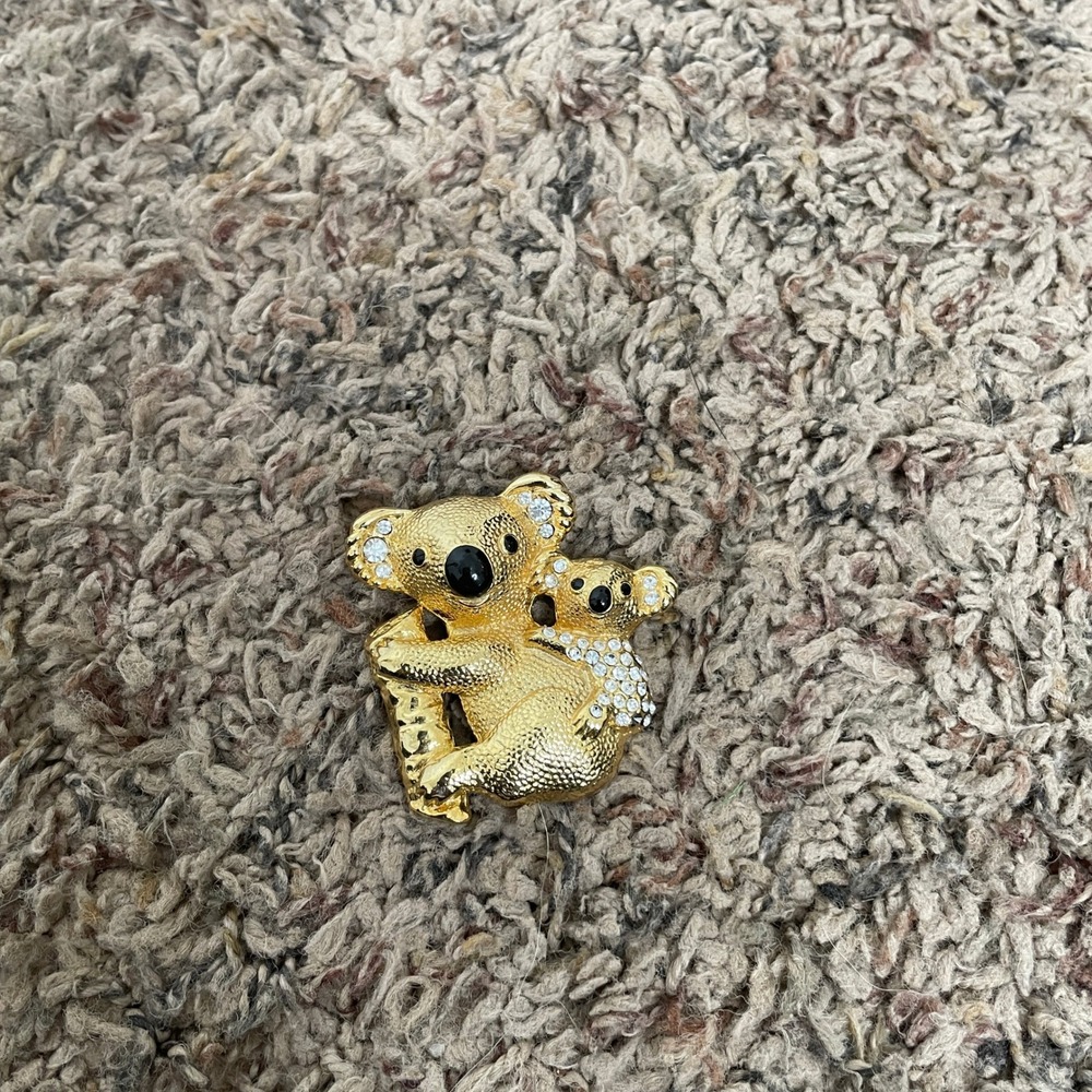 Vintage Gold Tone Koala Bear Mother and Baby Rhinestone Brooch Pin Jewelry